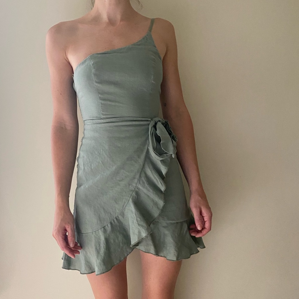 Green One Strap Mini Wrap Dress
